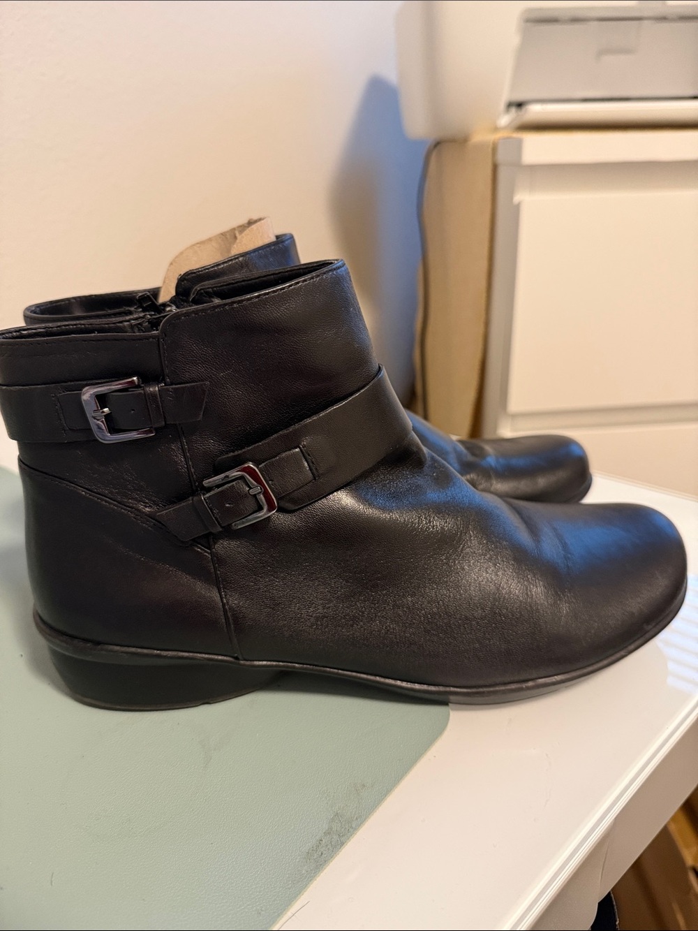 Naturalizer Black Leather Ankle Booties with Double Buckle